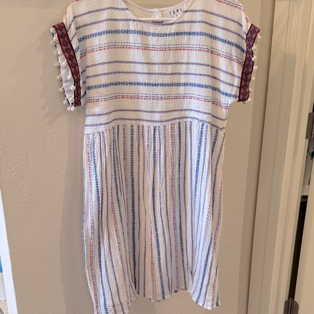 THML Striped Short Sleeve Dress with Pom Pom Detail